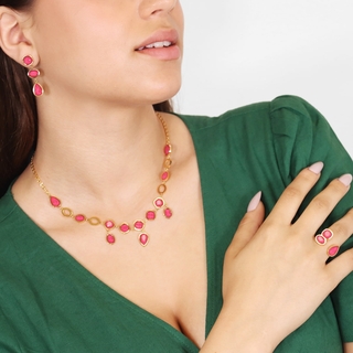 Women's Long Earrings Petal Drop DPE167 Anartxy Surgical Steel 316L-Gold Plated-Pink Crystal